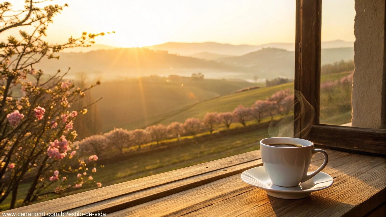 Imagem de um nascer do sol sereno no campo, com raios dourados iluminando a paisagem e uma xícara de café sobre uma mesa de madeira.