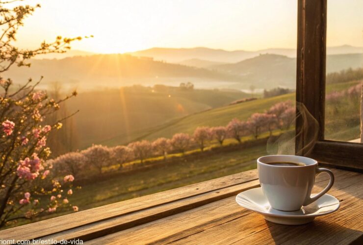 Imagem de um nascer do sol sereno no campo, com raios dourados iluminando a paisagem e uma xícara de café sobre uma mesa de madeira.