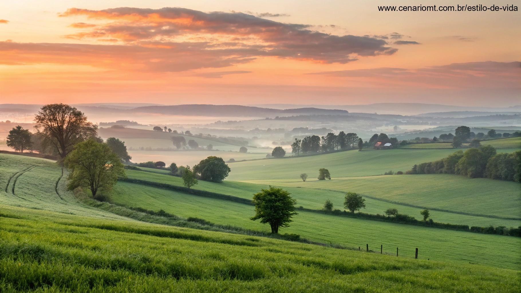 Paisagem tranquila e inspiradora com campos verdes e o nascer do sol suave, incentivando pensamentos positivos para um dia produtivo.