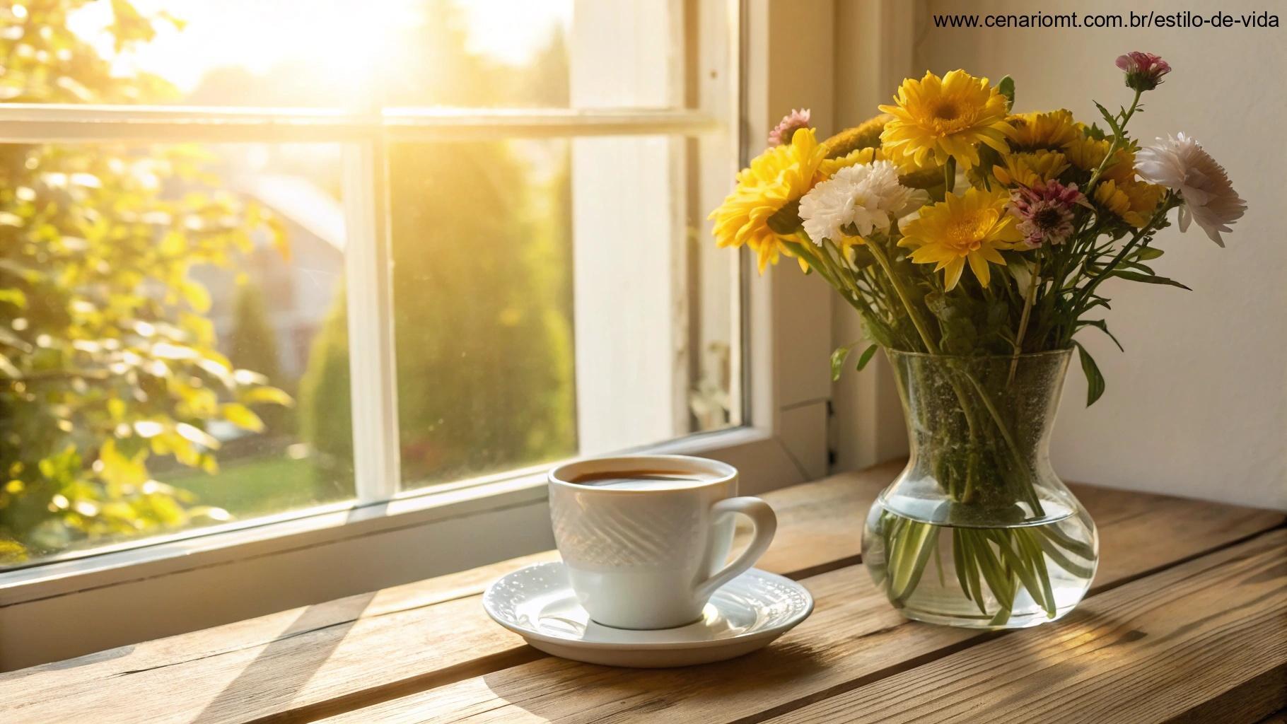 Cena de manhã alegre com uma xícara de café sobre uma mesa de madeira perto da janela, luz do sol entrando e flores frescas em um vaso, trazendo um começo de segunda-feira motivador.