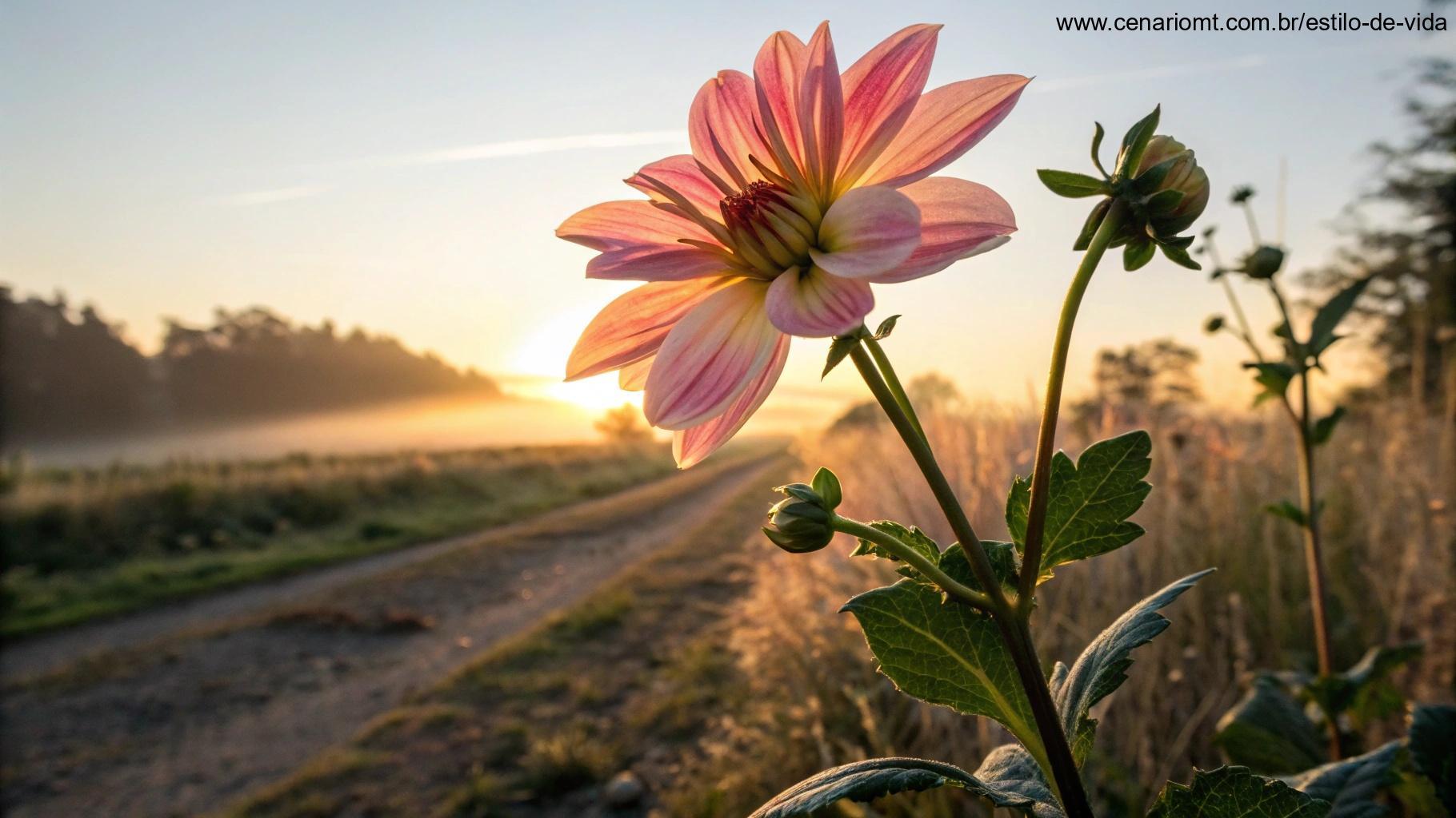 Uma flor desabrochando ao sol da manhã, irradiando energia positiva.