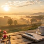 Amanhecer sereno com luz dourada, xícara de café sobre a mesa e flores ao redor.