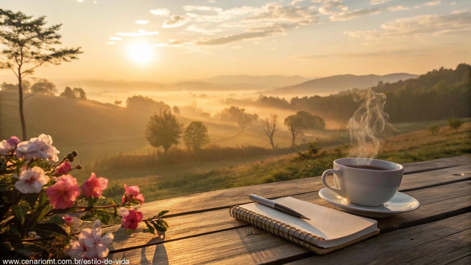 Amanhecer sereno com luz dourada, xícara de café sobre a mesa e flores ao redor.