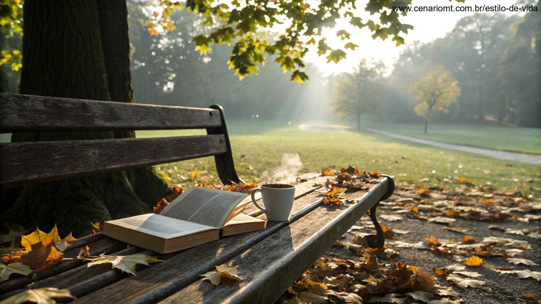 Cena tranquila da manhã em um parque, com um banco de madeira cercado por folhas douradas e um livro aberto ao lado de uma xícara de chá fumegante.