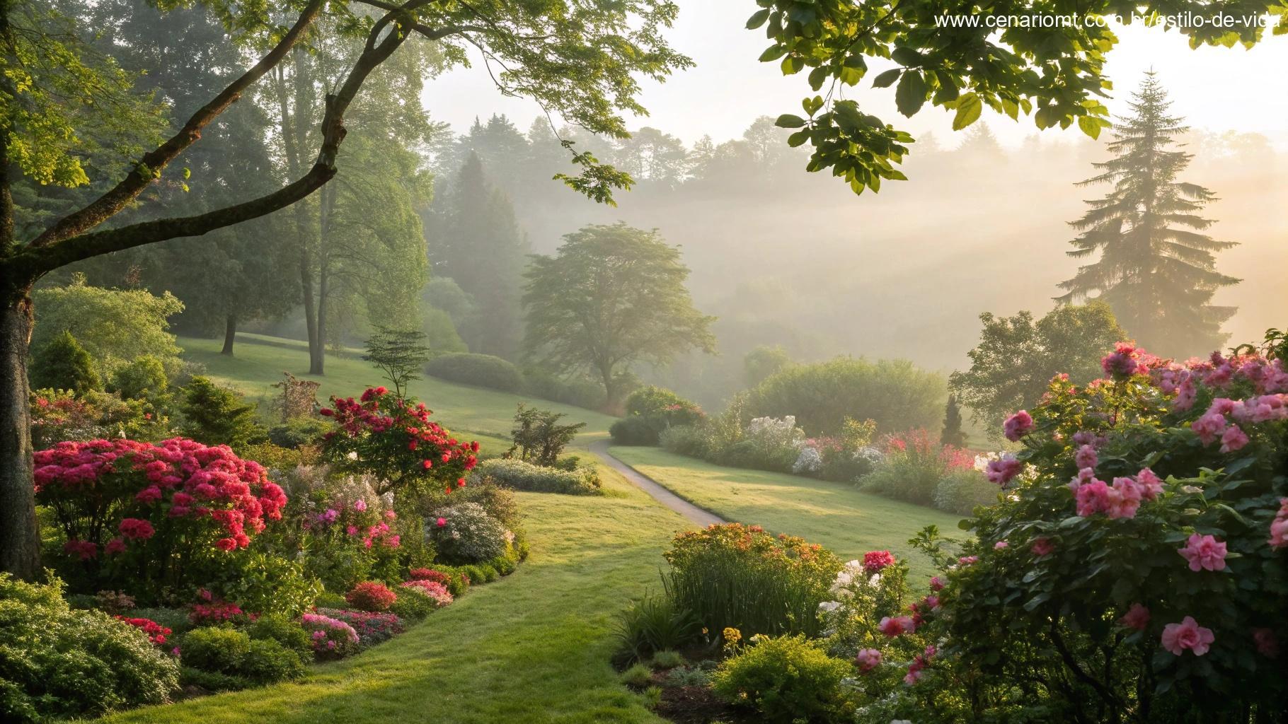 Visão serena de um jardim pela manhã, com flores vibrantes e uma brisa suave, trazendo uma sensação de paz e positividade para o sábado.