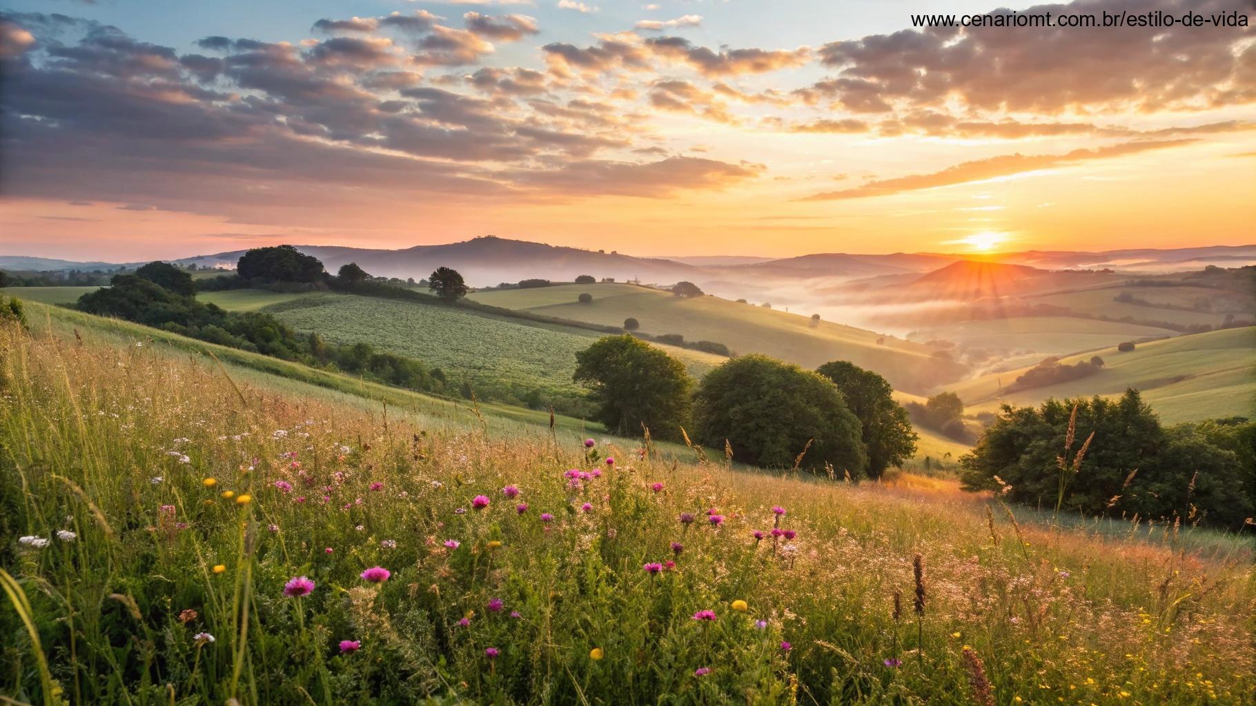 Um nascer do sol vibrante e refrescante sobre o campo, com céus coloridos, colinas ao fundo e flores cobertas de orvalho brilhando suavemente na luz da manhã, simbolizando um novo começo.