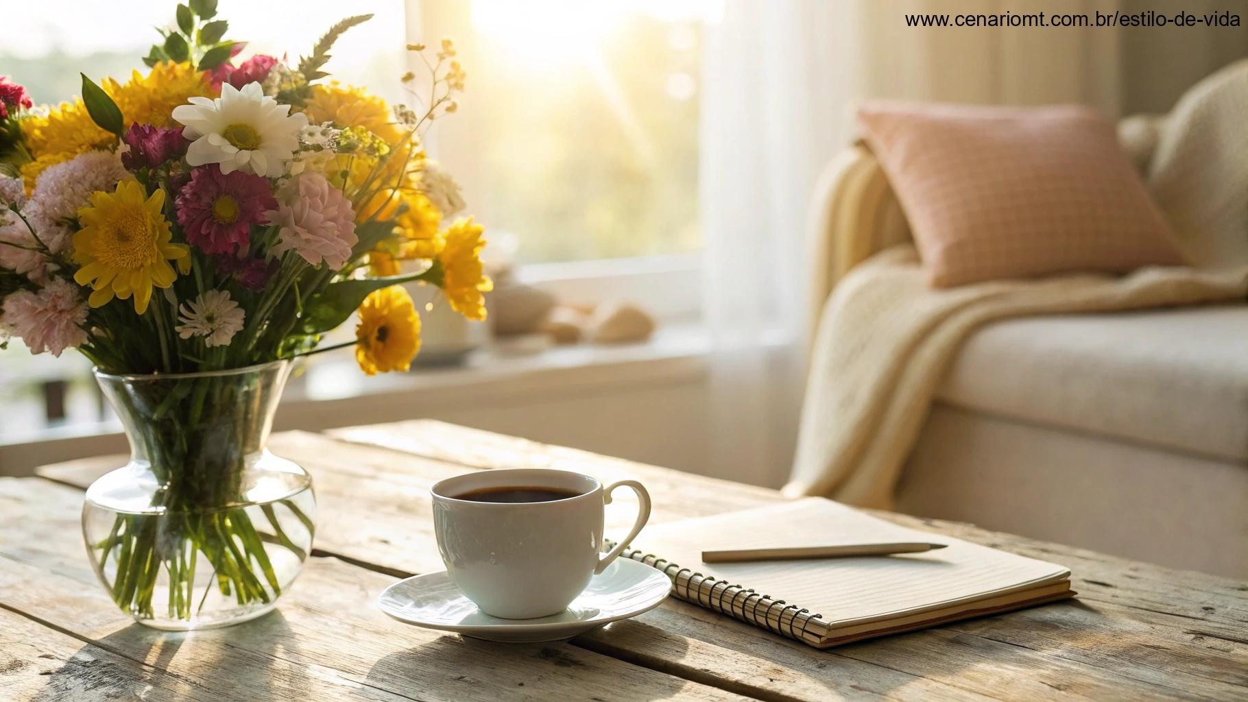 Mesa de madeira com flores frescas, café e um caderno sob a luz do sol.