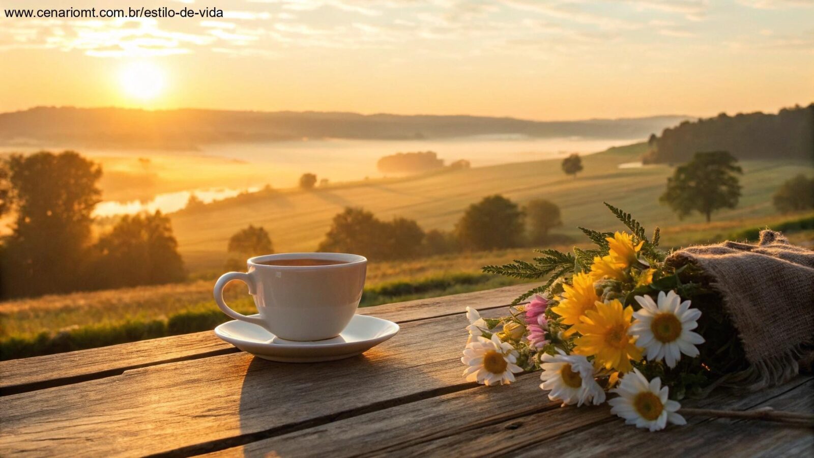 Cenário de manhã tranquila com um nascer do sol dourado sobre uma paisagem serena, uma xícara de café em uma mesa de madeira e flores frescas por perto.
