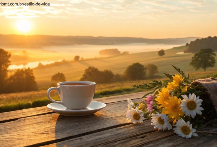 Cenário de manhã tranquila com um nascer do sol dourado sobre uma paisagem serena, uma xícara de café em uma mesa de madeira e flores frescas por perto.
