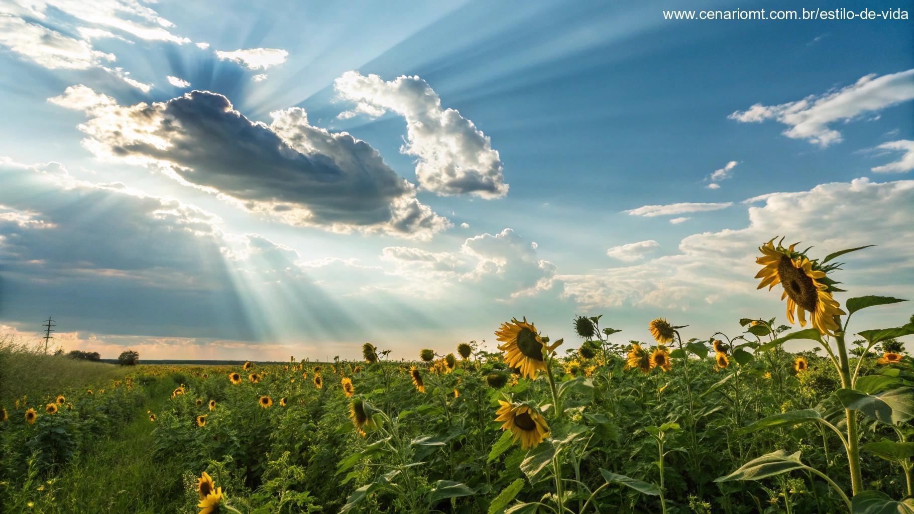 Campo vibrante de girassóis sob um céu matinal brilhante, com raios de sol atravessando as nuvens