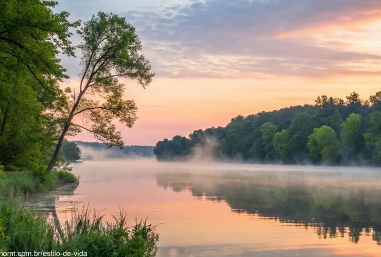 Um nascer do sol sereno sobre um lago calmo com cores pastéis suaves no céu, cercado por árvores verdes exuberantes e uma névoa suave subindo da água