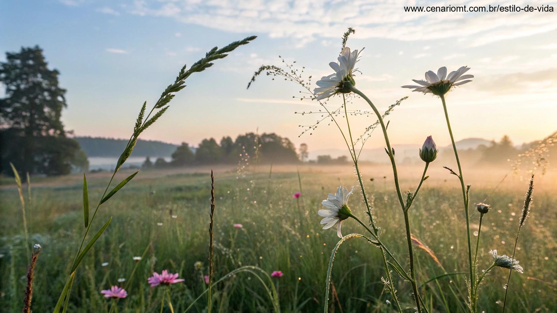 Paisagem tranquila e acolhedora de manhã, com luz suave e elementos naturais como flores e orvalho, simbolizando esperança e positividade para todos.