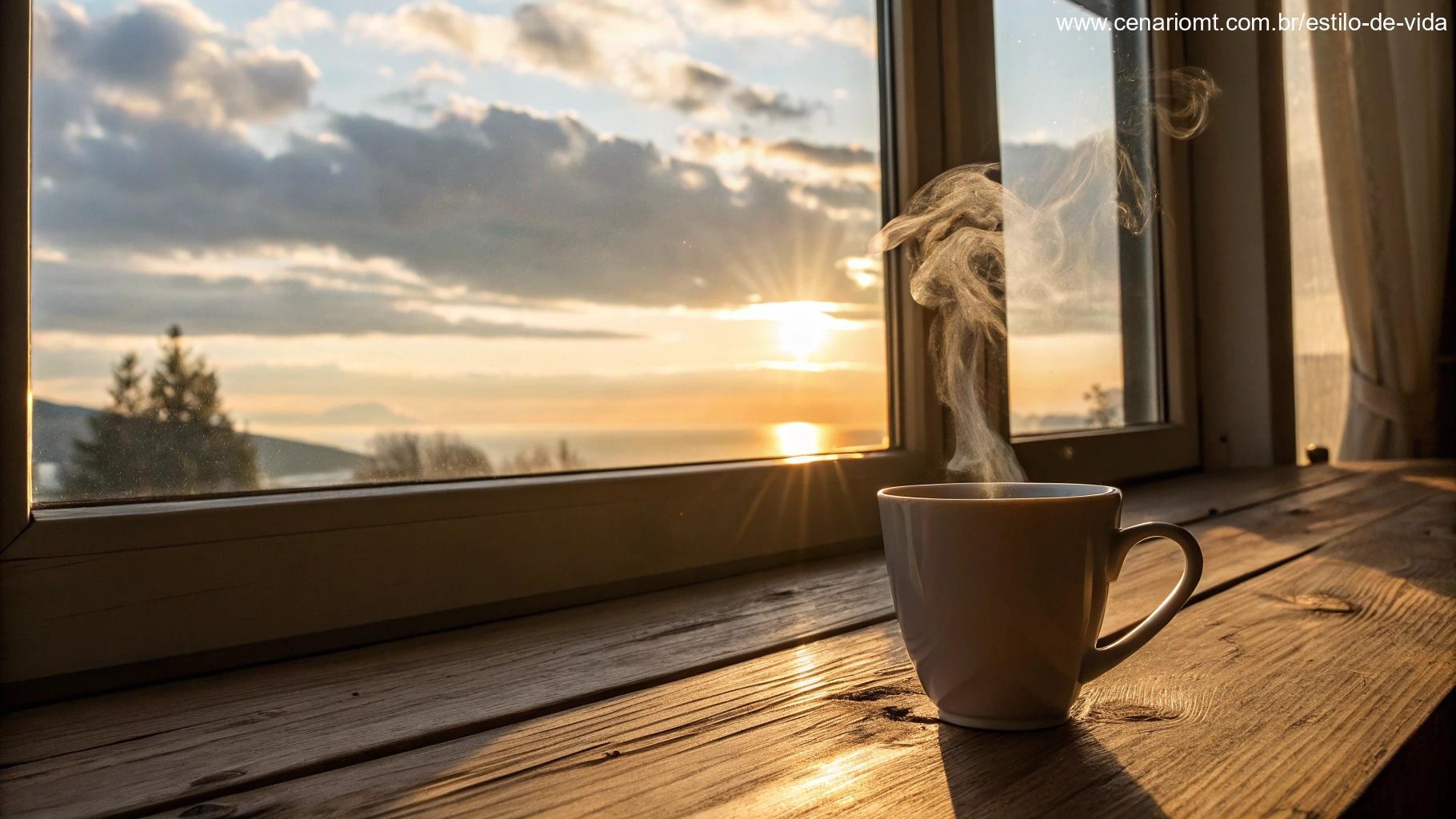 Xícara de café em uma mesa de madeira com vista para o nascer do sol