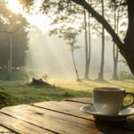 Cenário tranquilo de manhã com raios de sol entre as árvores e uma xícara de café sobre a mesa.