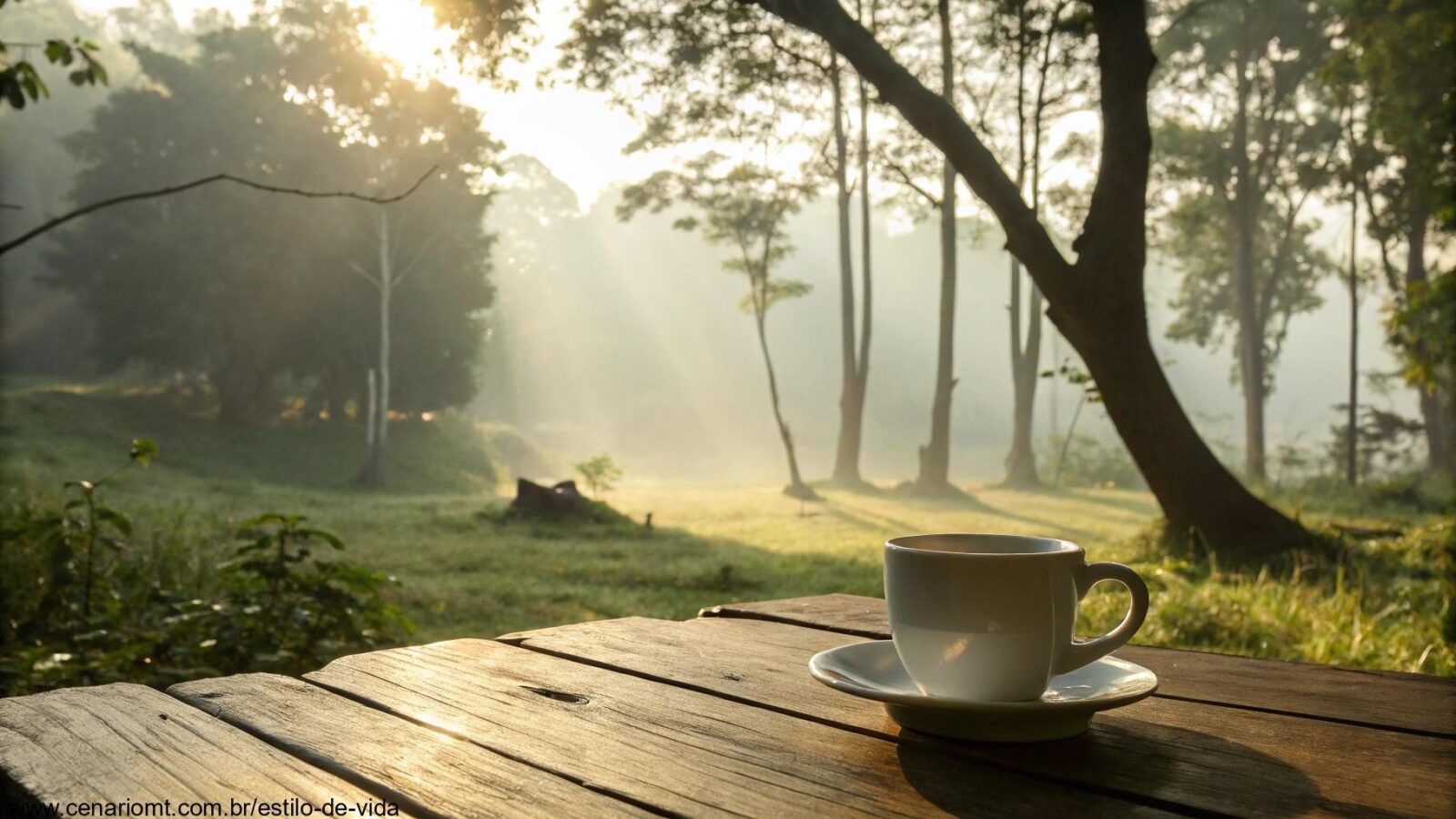 Cenário tranquilo de manhã com raios de sol entre as árvores e uma xícara de café sobre a mesa.