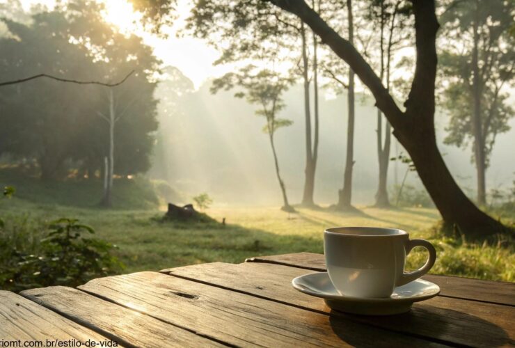 Cenário tranquilo de manhã com raios de sol entre as árvores e uma xícara de café sobre a mesa.