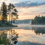 Paisagem tranquila ao amanhecer, com luz suave atravessando as árvores e um lago calmo refletindo o céu da manhã. A atmosfera é serena, simbolizando novos começos.