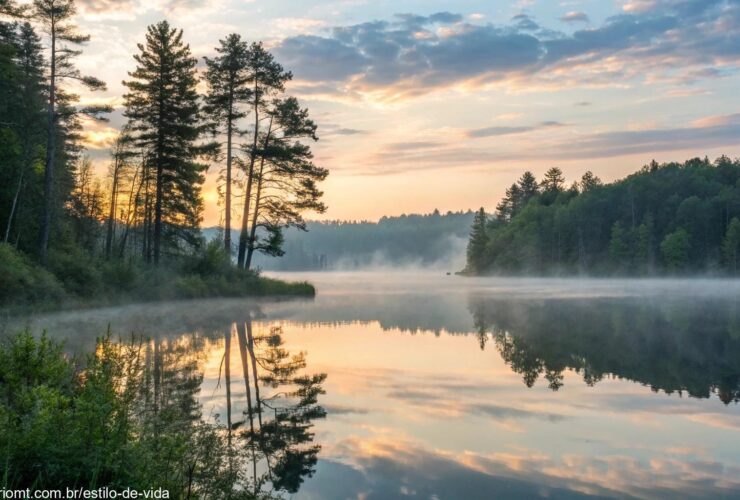 Paisagem tranquila ao amanhecer, com luz suave atravessando as árvores e um lago calmo refletindo o céu da manhã. A atmosfera é serena, simbolizando novos começos.