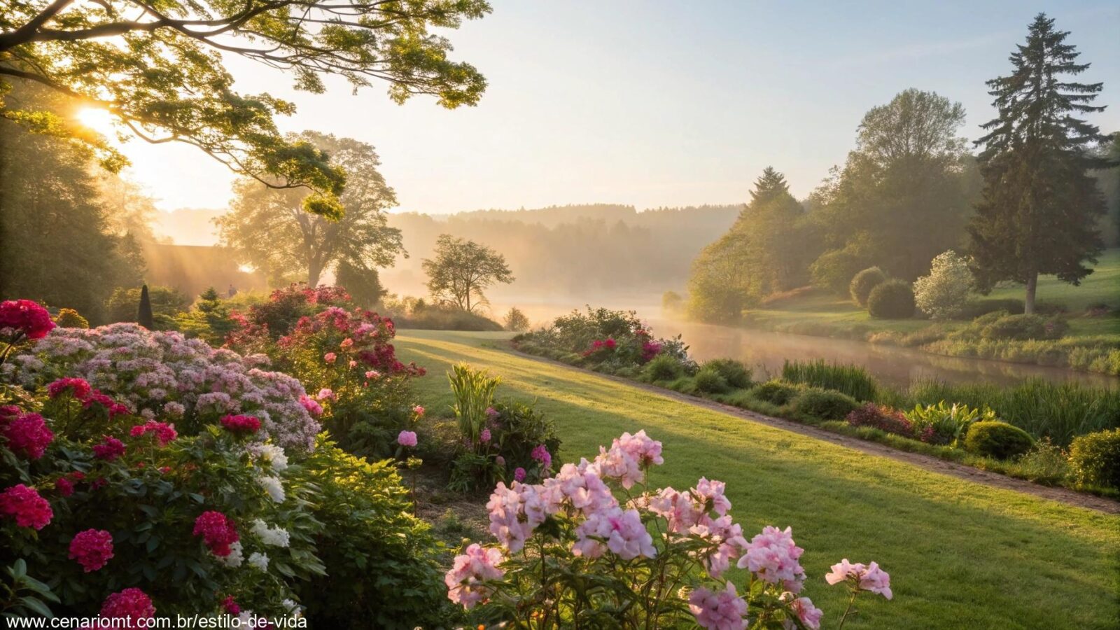 Uma cena serena de manhã com luz suave do sol, flores desabrochando e uma atmosfera tranquila, perfeita para começar bem o fim de semana em 08 de março de 2025.