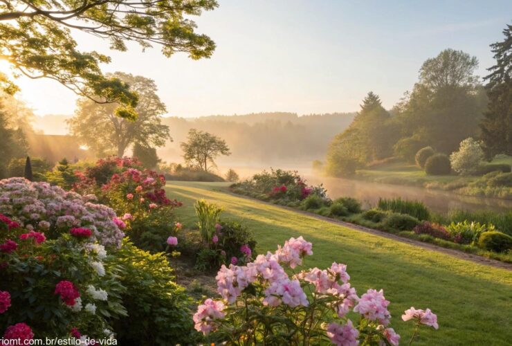 Uma cena serena de manhã com luz suave do sol, flores desabrochando e uma atmosfera tranquila, perfeita para começar bem o fim de semana em 08 de março de 2025.