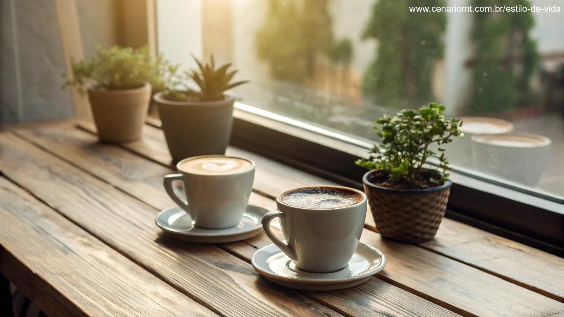 Cena aconchegante de duas xícaras de café em uma mesa de madeira perto de uma janela, com luz suave da manhã entrando, cercada por pequenos vasos de plantas, criando uma atmosfera calorosa e afetuosa.