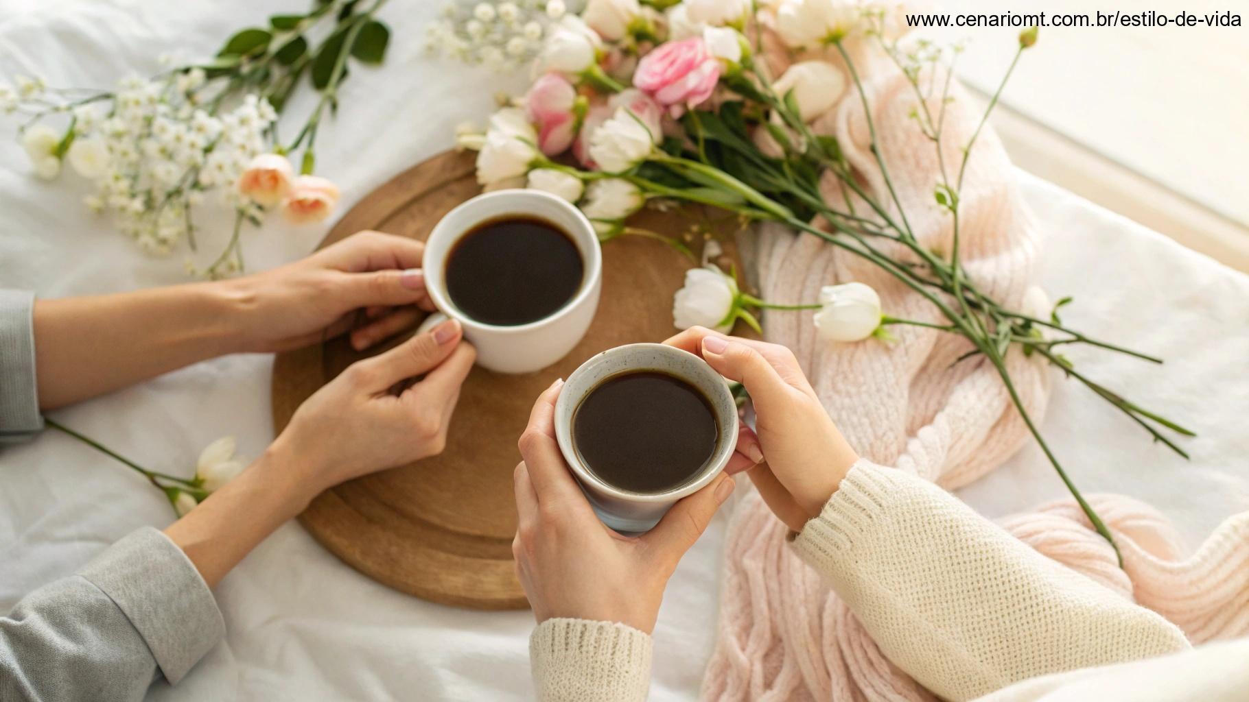 Duas mãos segurando xícaras de café em um ambiente aconchegante, simbolizando carinho e amizade.