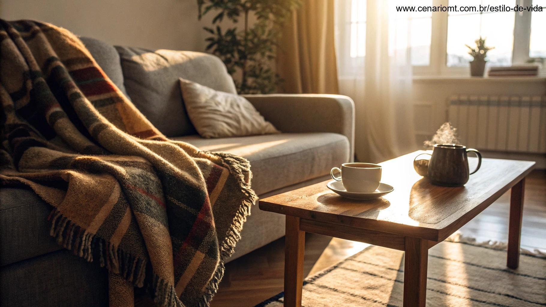 uma sala aconchegante com um cobertor quente no sofá, uma xícara de café em uma mesa de madeira e a luz suave do sol entrando pela janela