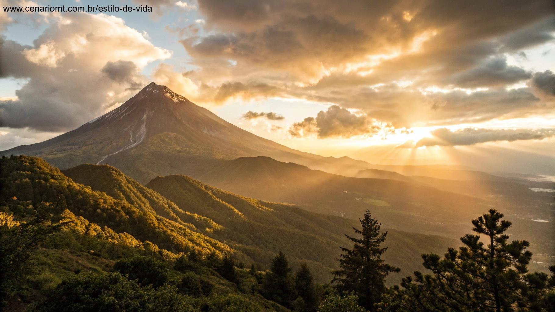 O pico de uma montanha com luz dourada passando pelas nuvens, representando fé, força e motivação enquanto o sol nasce no horizonte.
