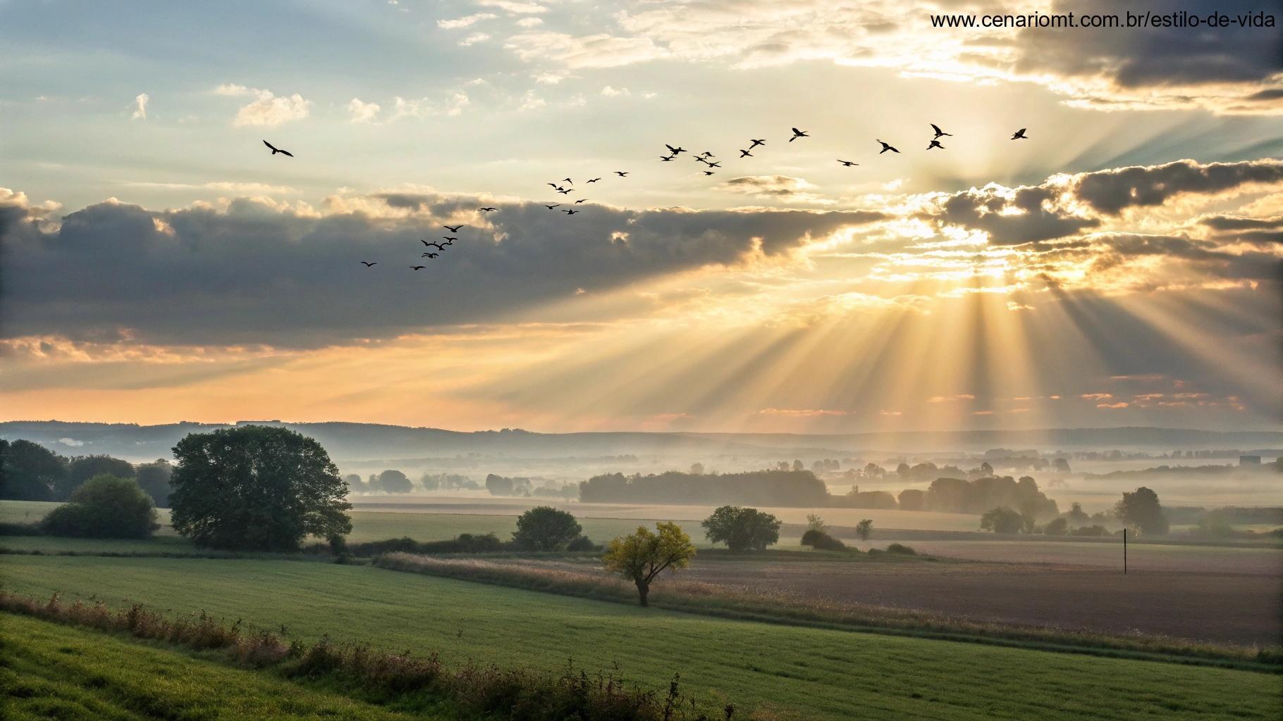 Imagem inspiradora de um amanhecer sobre o campo tranquilo, com aves voando ao longe e raios de luz atravessando as nuvens, simbolizando esperança e fé enquanto o novo dia começa.