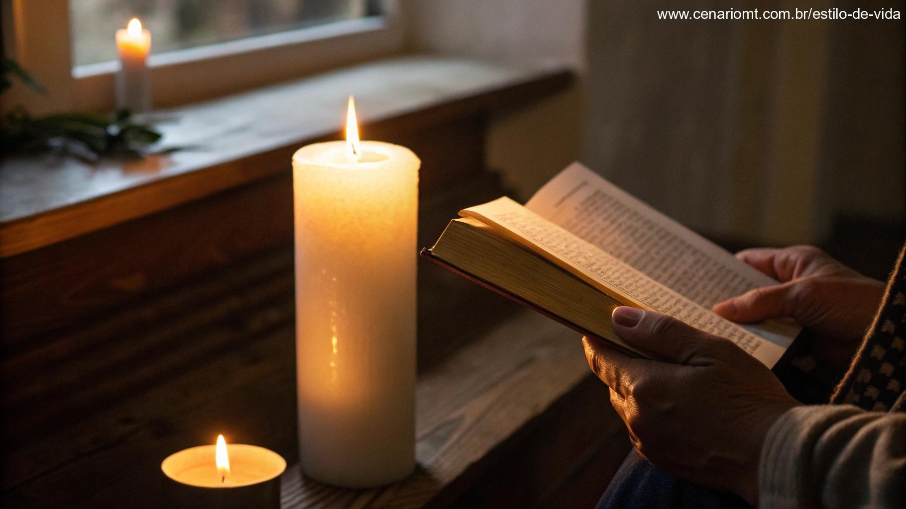 Imagem de uma vela acesa em um ambiente acolhedor, com mãos segurando um livro em um momento de reflexão.