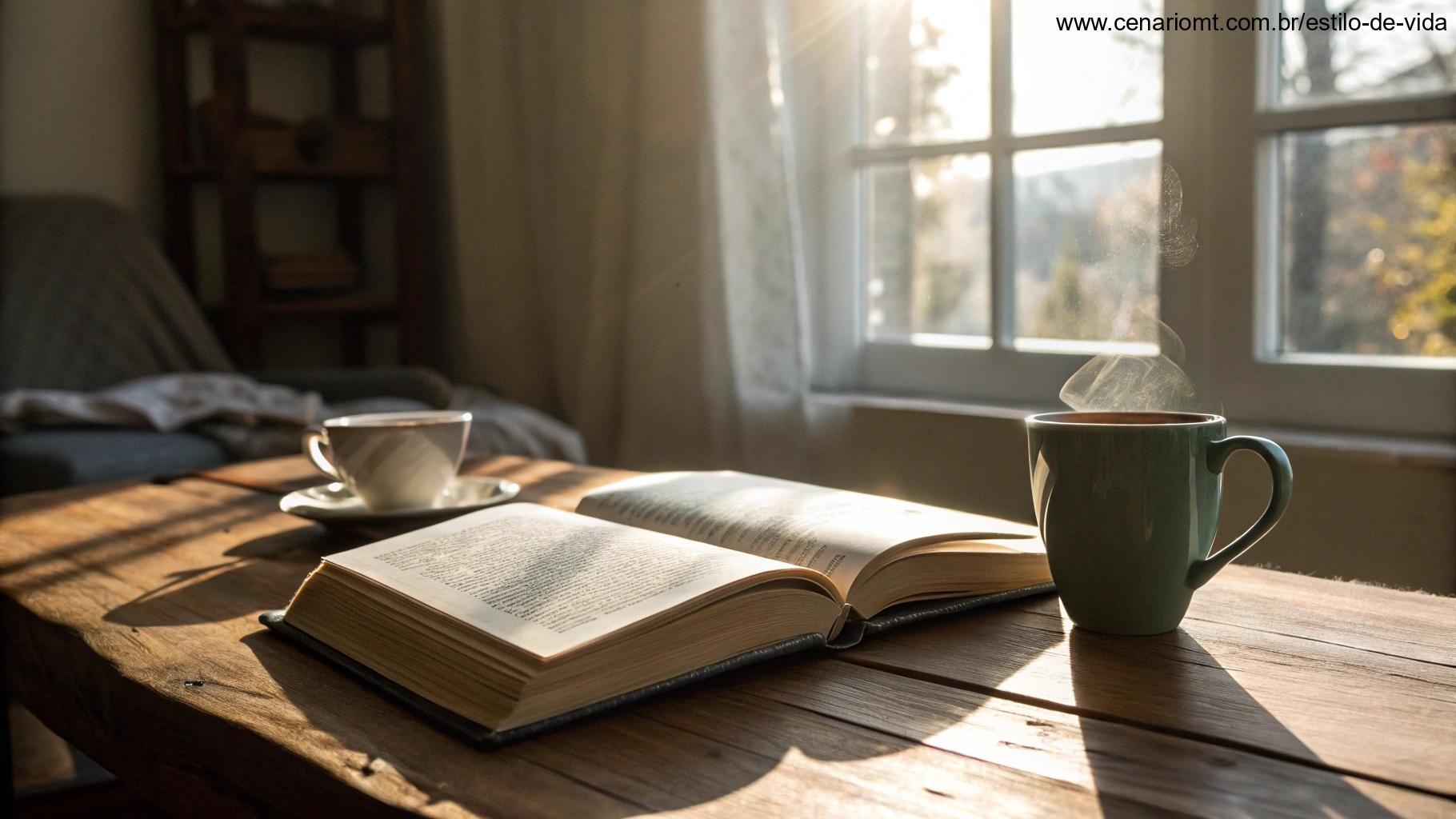 Cena matinal serena com uma Bíblia aberta sobre uma mesa de madeira, uma xícara de chá ao lado e luz suave do sol entrando pela janela, evocando fé e reflexão.