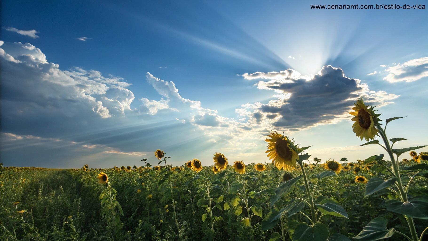 Um campo de girassóis sob um céu azul brilhante com raios de sol atravessando as nuvens