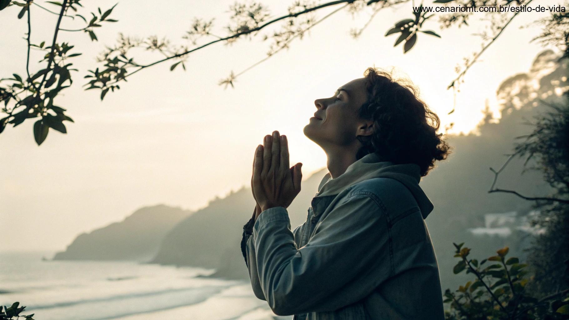 Uma imagem tranquila e inspiradora de uma pessoa com as mãos unidas em oração, olhando para o céu, com luz suave iluminando a cena, transmitindo uma sensação de paz e conexão espiritual para a manhã de sexta-feira.