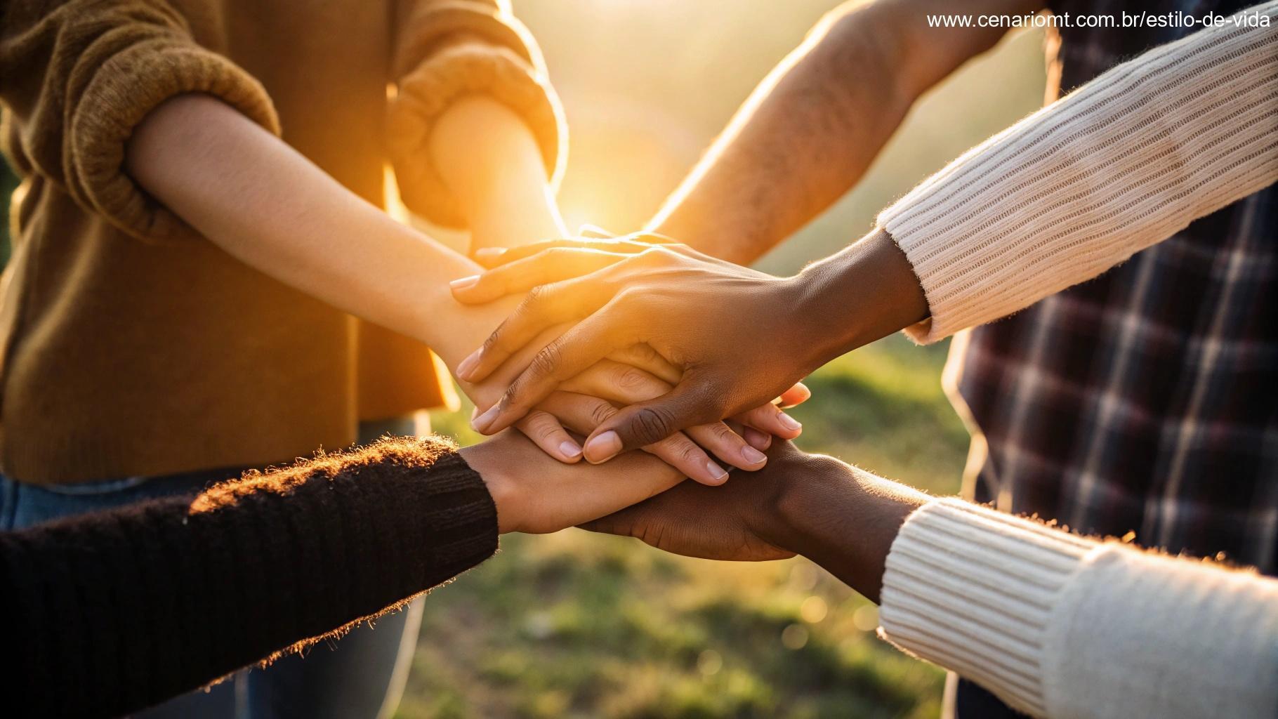 Um grupo de mãos diversas unidas em união, com uma luz dourada e quente brilhando sobre elas