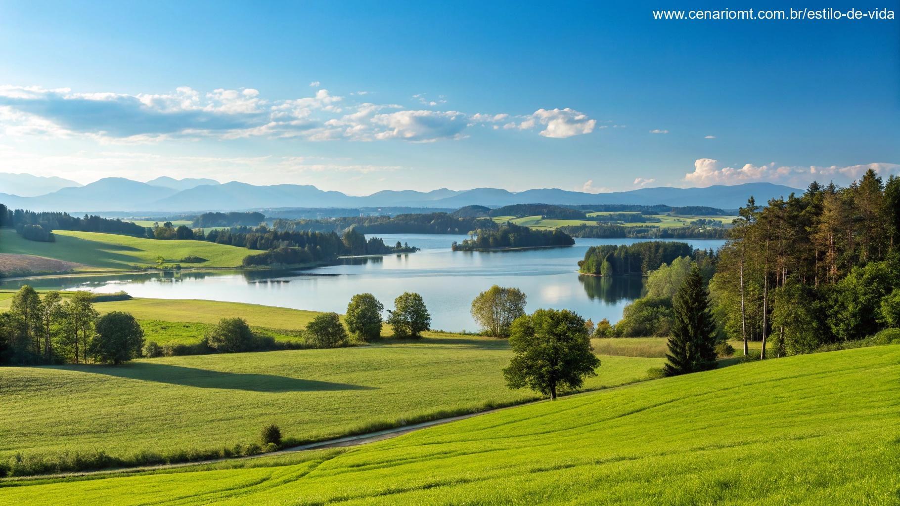 Uma paisagem tranquila e positiva com um céu azul brilhante, um lago calmo e campos verdes, simbolizando um novo começo para a manhã de sábado.