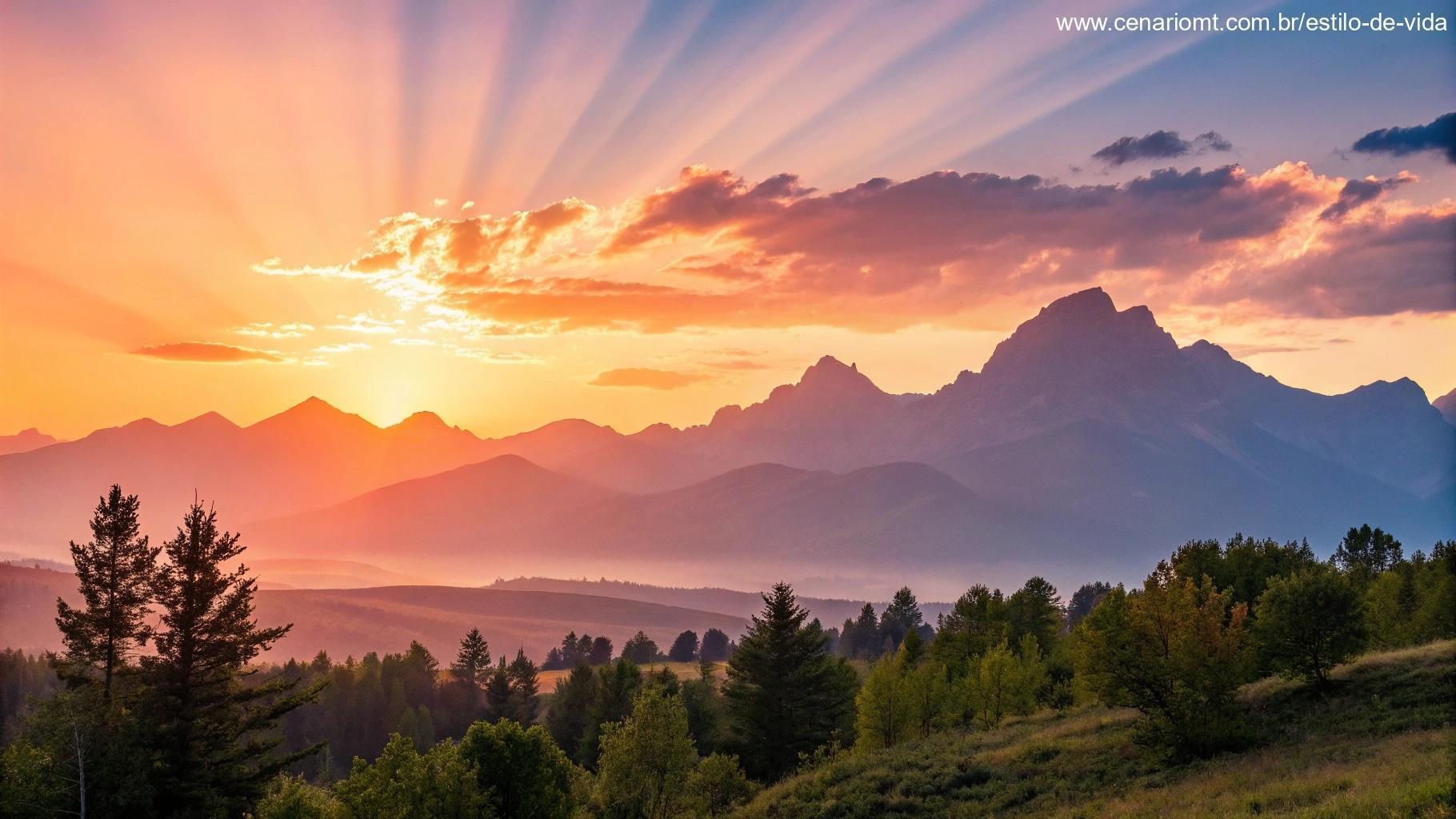 Um amanhecer vibrante e colorido sobre uma cadeia de montanhas com céu limpo. Os raios do sol tocam os picos, criando uma sensação de esperança e positividade.