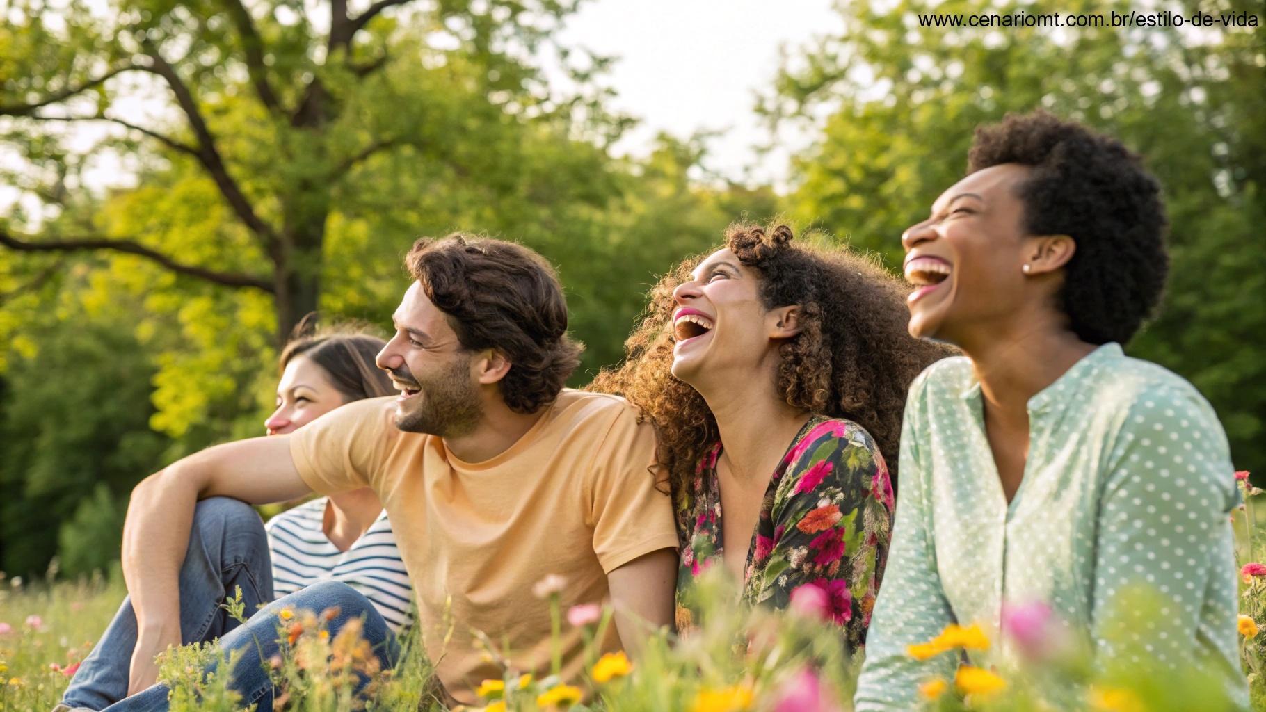 Grupo de amigos sorrindo e aproveitando a companhia uns dos outros, em sintonia com a natureza.