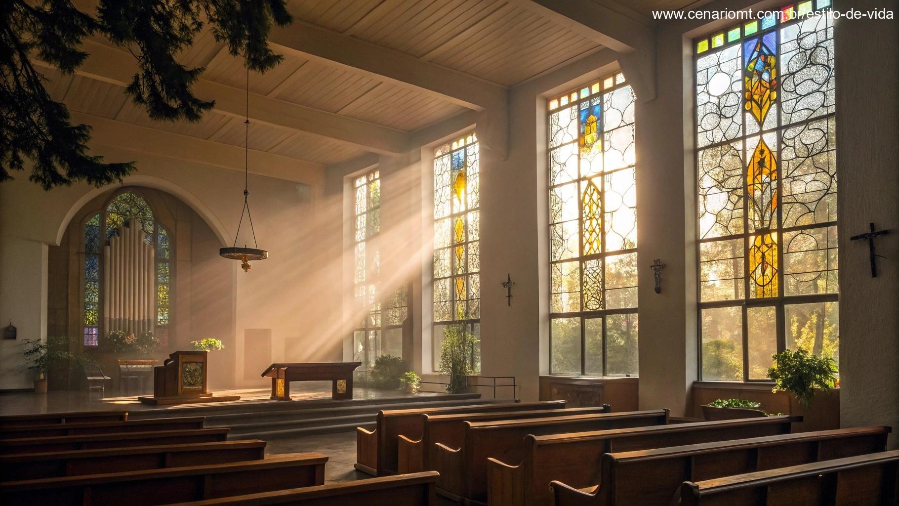 Cena calma e serena de uma igreja pela manhã, com luz suave entrando pelas janelas de vitrais, transmitindo calma espiritual e esperança.