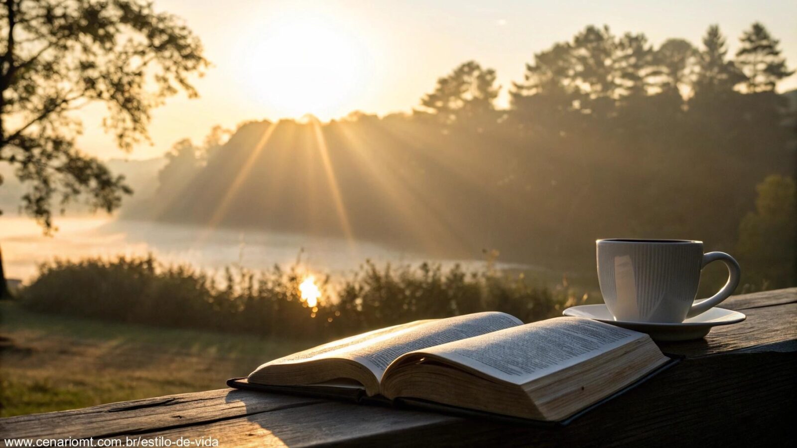 Imagem de um nascer do sol iluminando uma Bíblia e uma xícara de café em um ambiente sereno.
