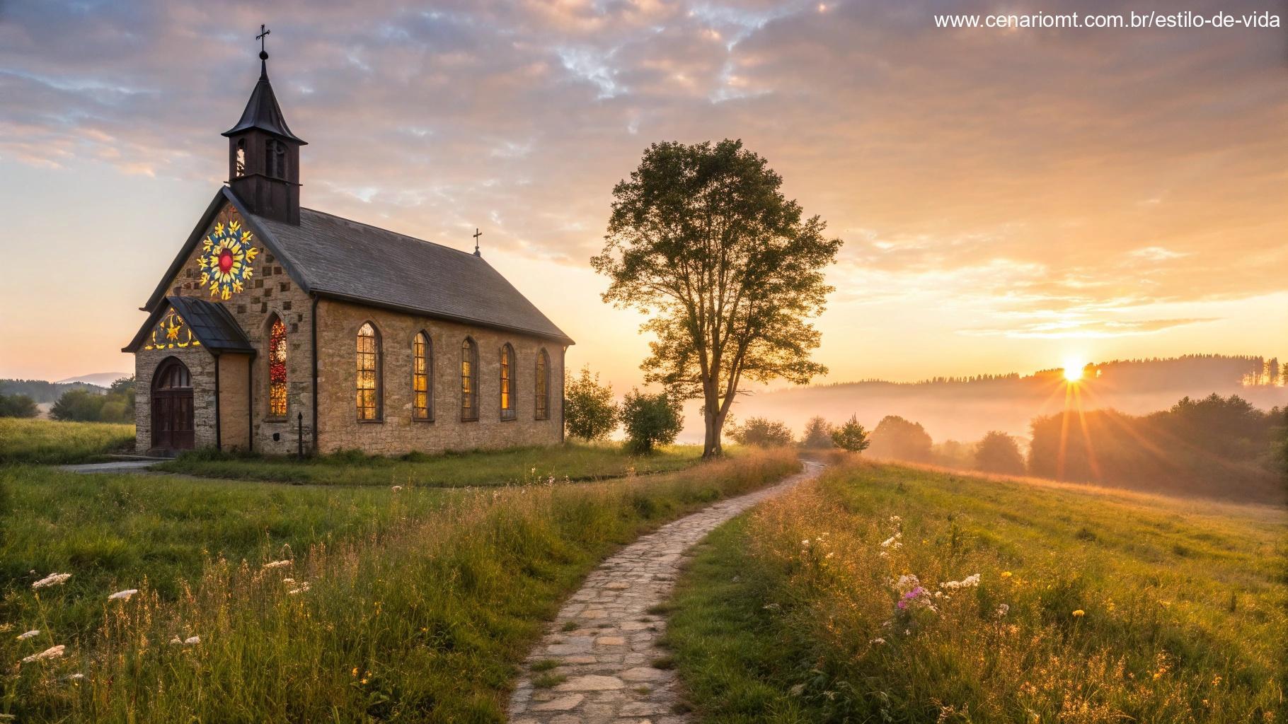 uma igreja tranquila em um campo ao nascer do sol, com feixes de luz brilhando através de vitrais e um caminho que leva à entrada