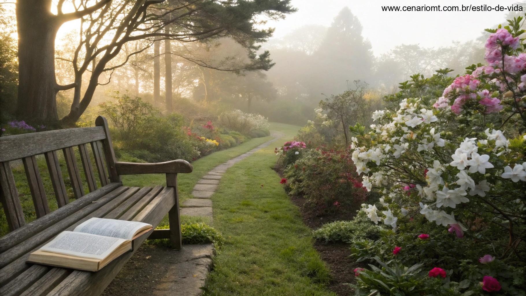 Jardim florido com um banco de madeira e uma Bíblia aberta, transmitindo paz e bênção.
