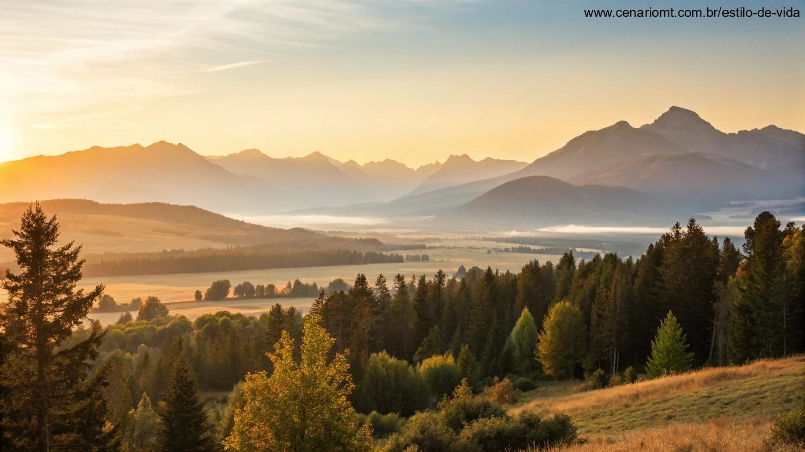 Nascer do sol sereno sobre uma paisagem montanhosa tranquila, simbolizando um novo começo e inspiração para a manhã de segunda-feira.
