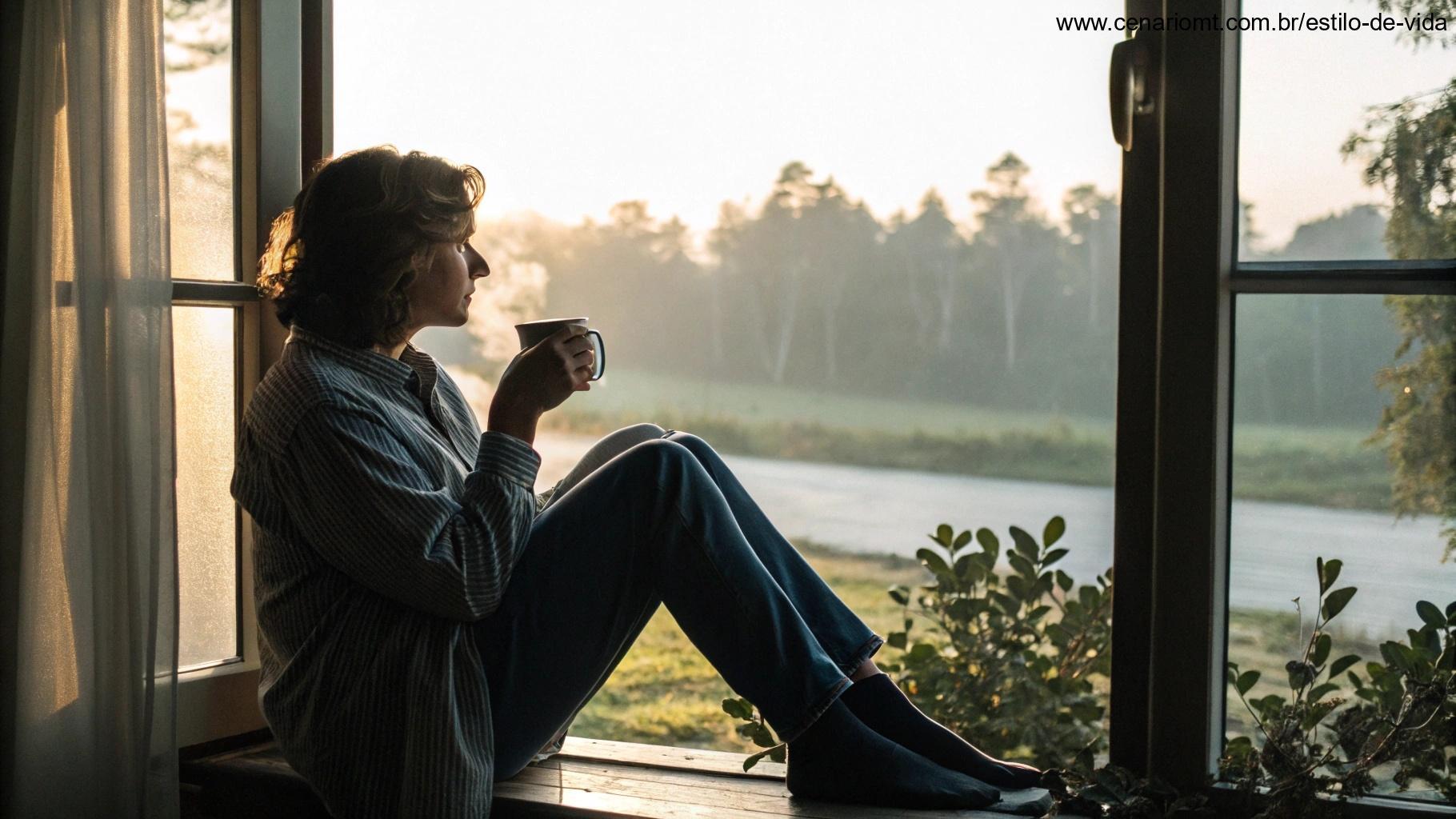 Pessoa desfrutando de uma bebida quente e olhando pela janela ao amanhecer.