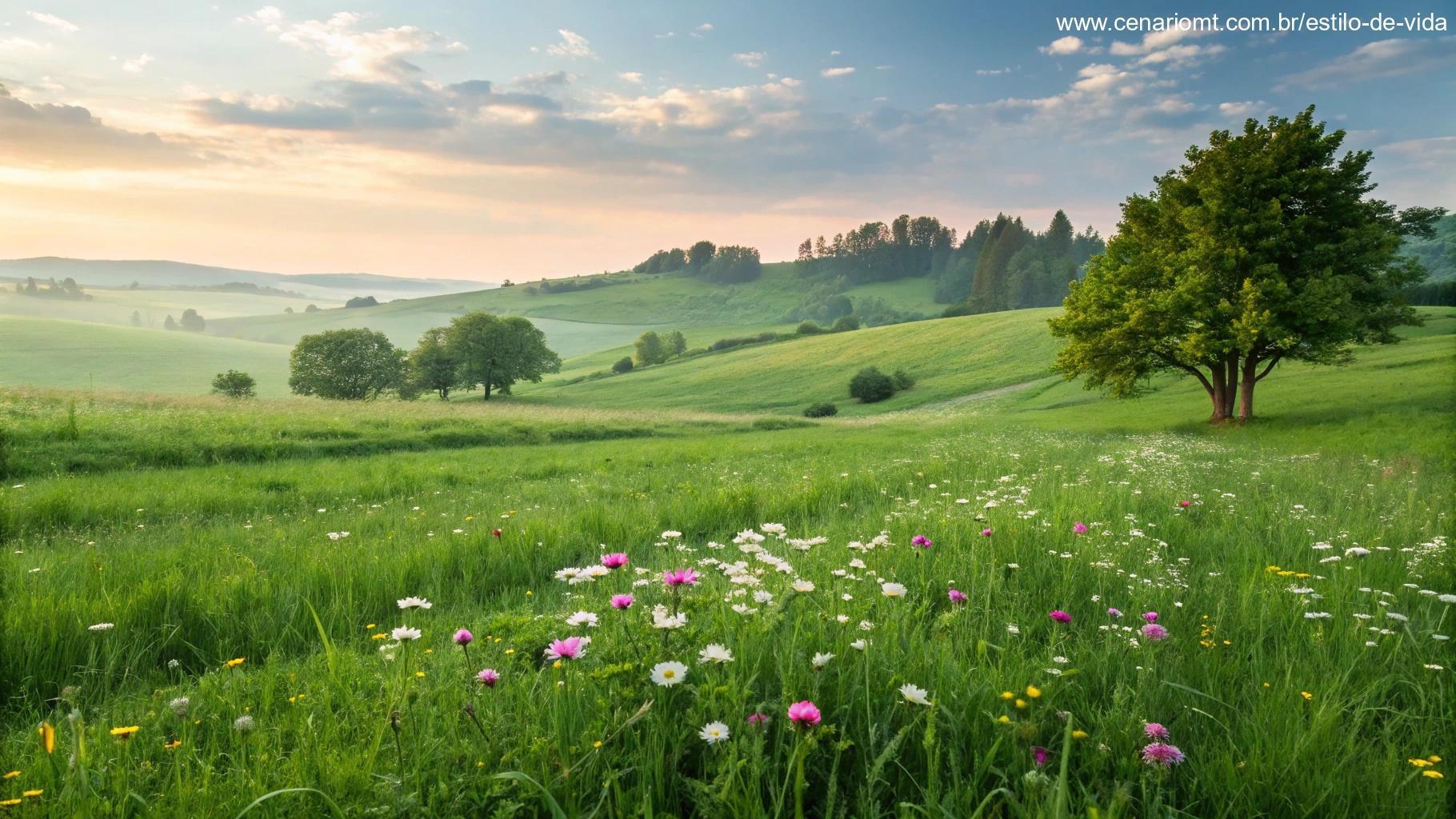 Uma paisagem serena de um campo verde com flores florescendo, simbolizando esperança e motivação para um novo começo no domingo.