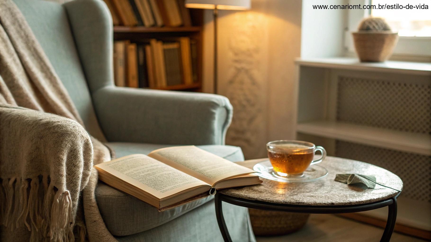 Um cantinho aconchegante de leitura com iluminação suave, um livro aberto e uma xícara de chá de ervas. As páginas do livro exibem citações inspiradoras em caligrafia delicada.