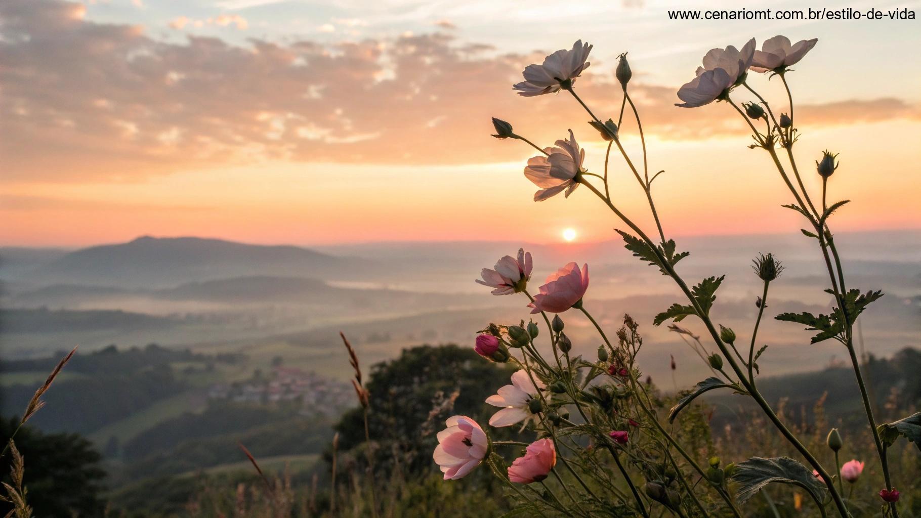 Nascer do sol inspirador com flores desabrochando ao amanhecer.
