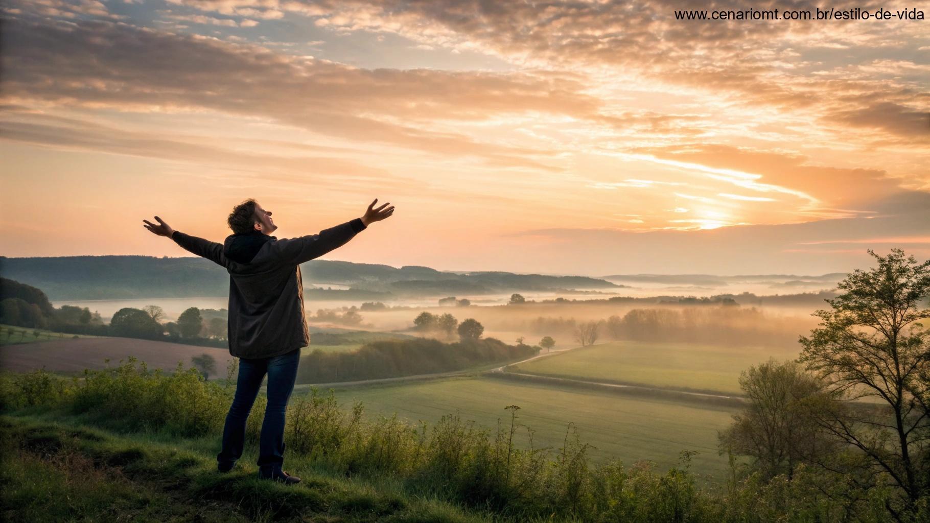 Paisagem serena com nascer do sol e pessoa de braços abertos em gratidão.