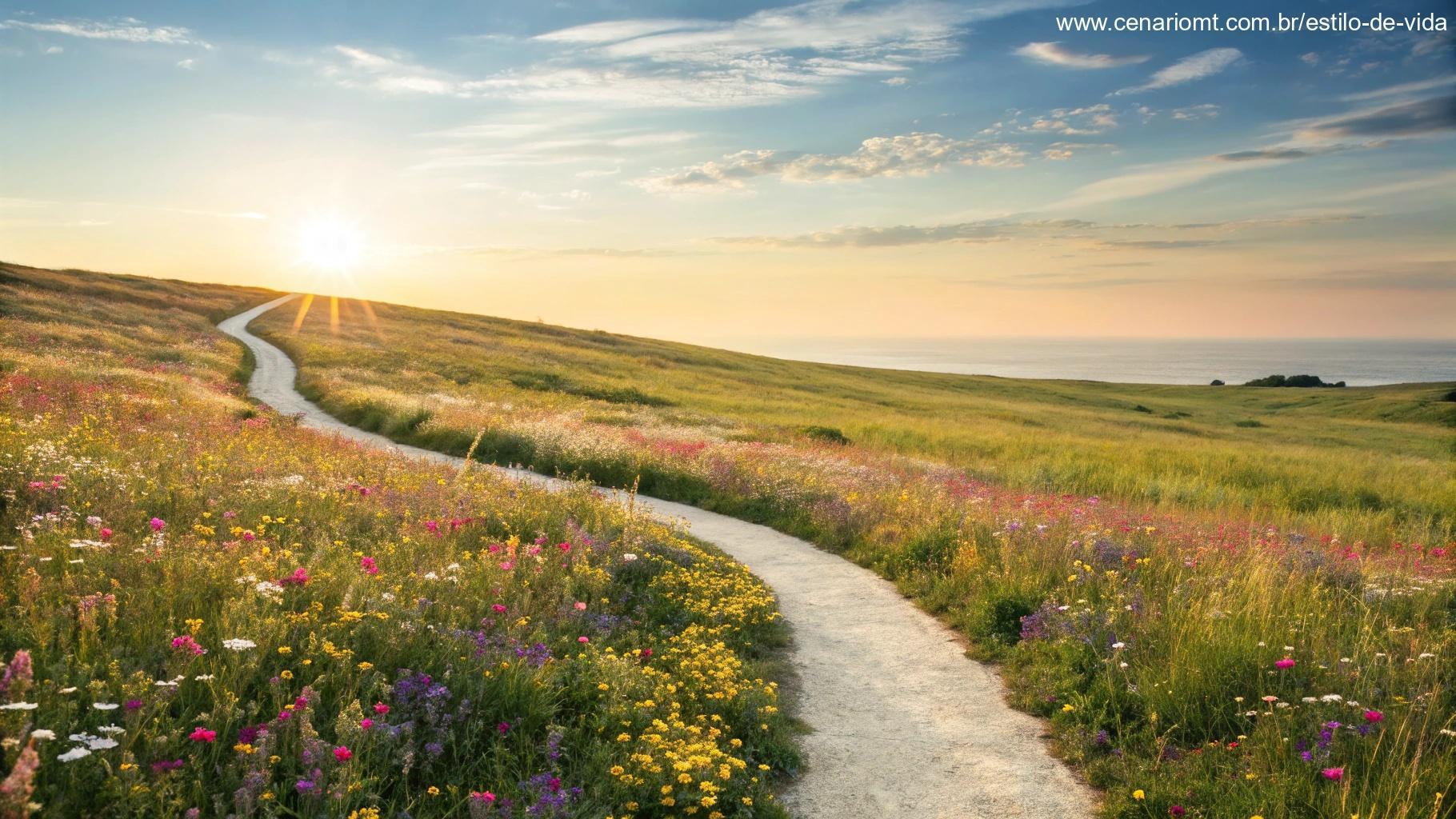 Um caminho sinuoso através de um prado vibrante cheio de flores silvestres coloridas, levando em direção a um horizonte brilhante sob um céu claro, simbolizando esperança e novos começos.