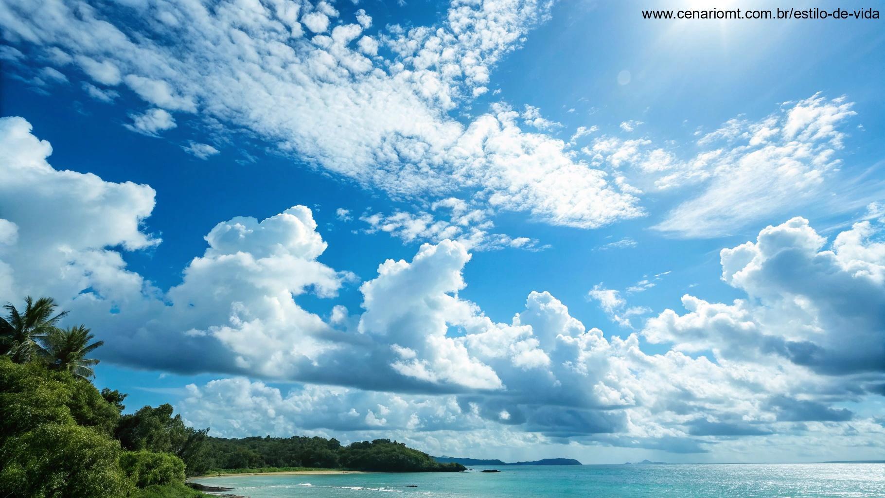 Imagem de um céu azul brilhante com nuvens fofas e uma citação motivacional escrita em uma fonte delicada.