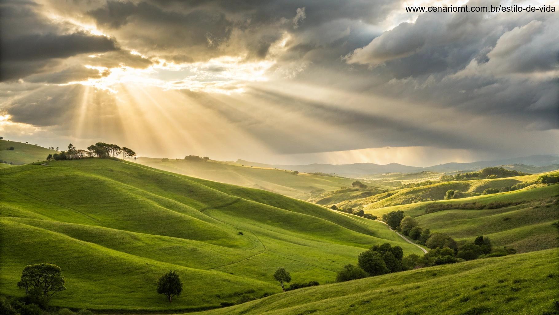 Uma paisagem deslumbrante com colinas verdes e raios de sol quebrando as nuvens, iluminando a cena com luz dourada.